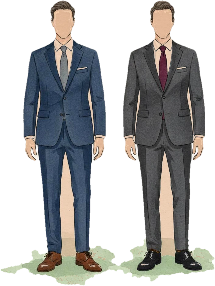 Ilustração em aquarela de dois ternos masculinos: azul-marinho com gravata cinza e cinza-escuro com gravata bordô