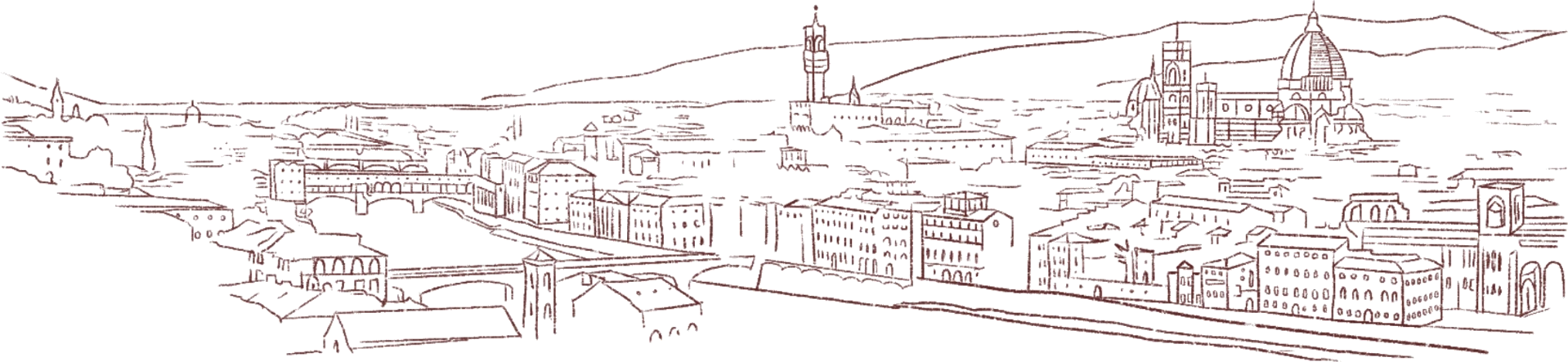 Ilustração em traço fino da linha do horizonte de Firenze com o Duomo, as torres e o rio Arno